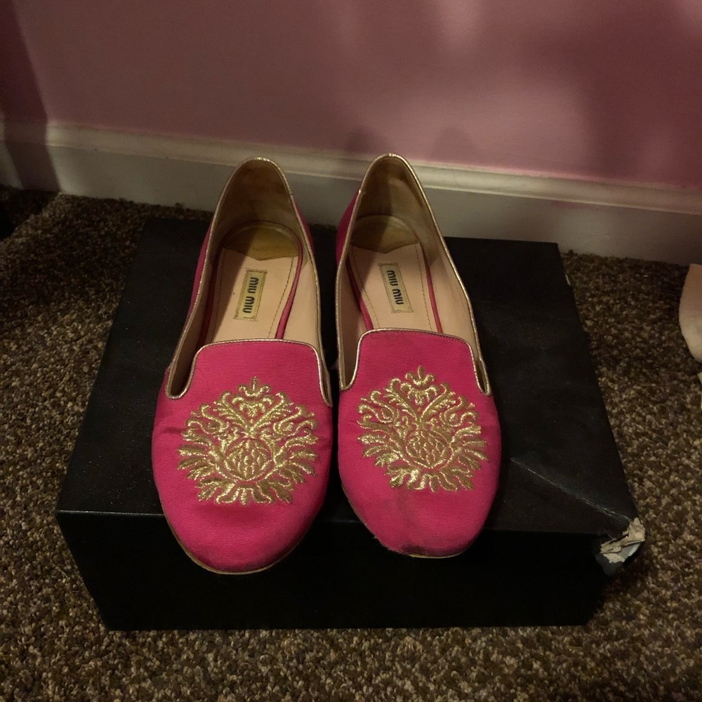 miu miu pink gold crystal satin loafers